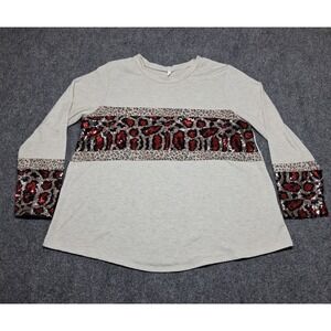 Lilypad Long‎ Sleeve Top 1XL Red Sequined Leopard Print